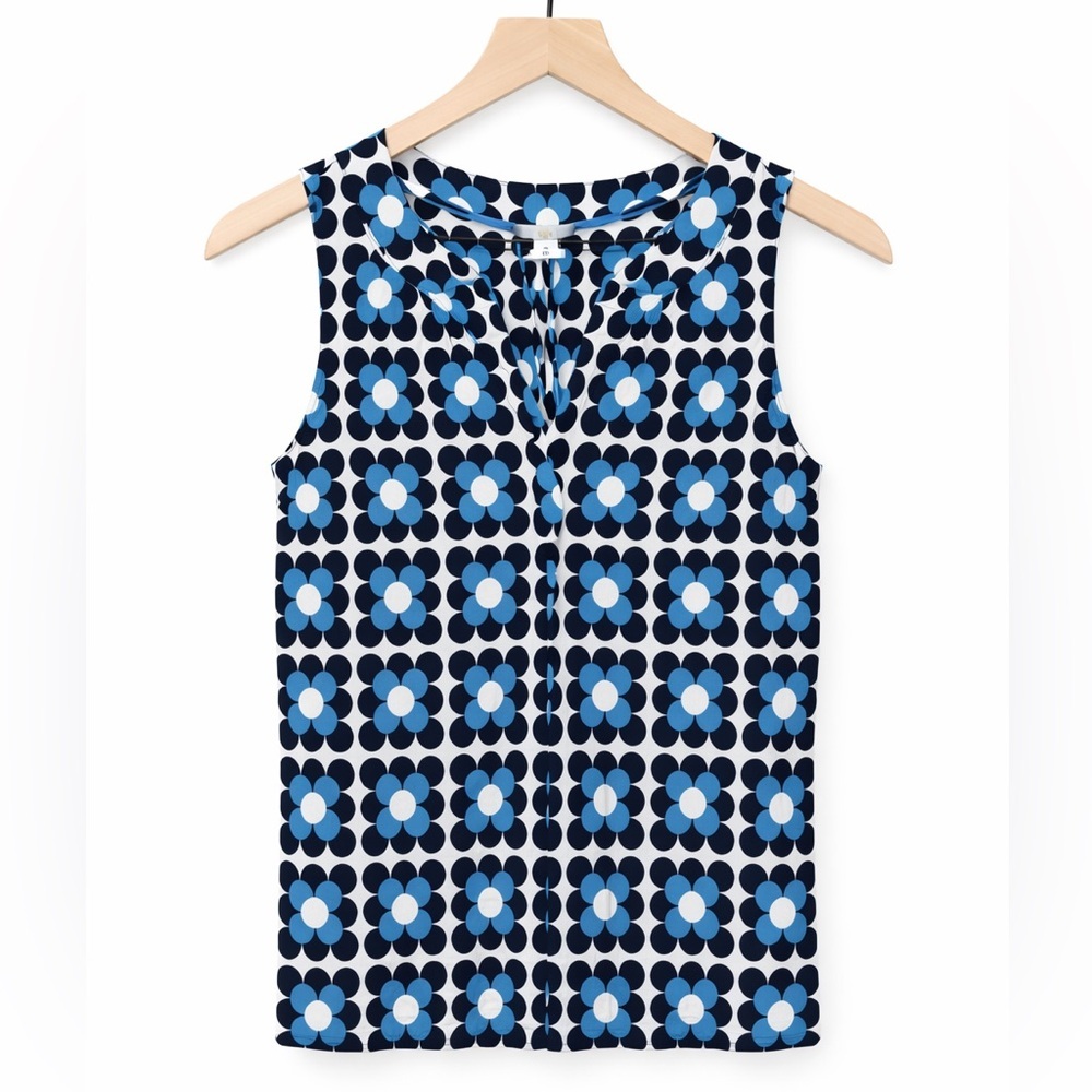 Boden Blue and Black Floral Sleeveless V-neck Blouse (036)